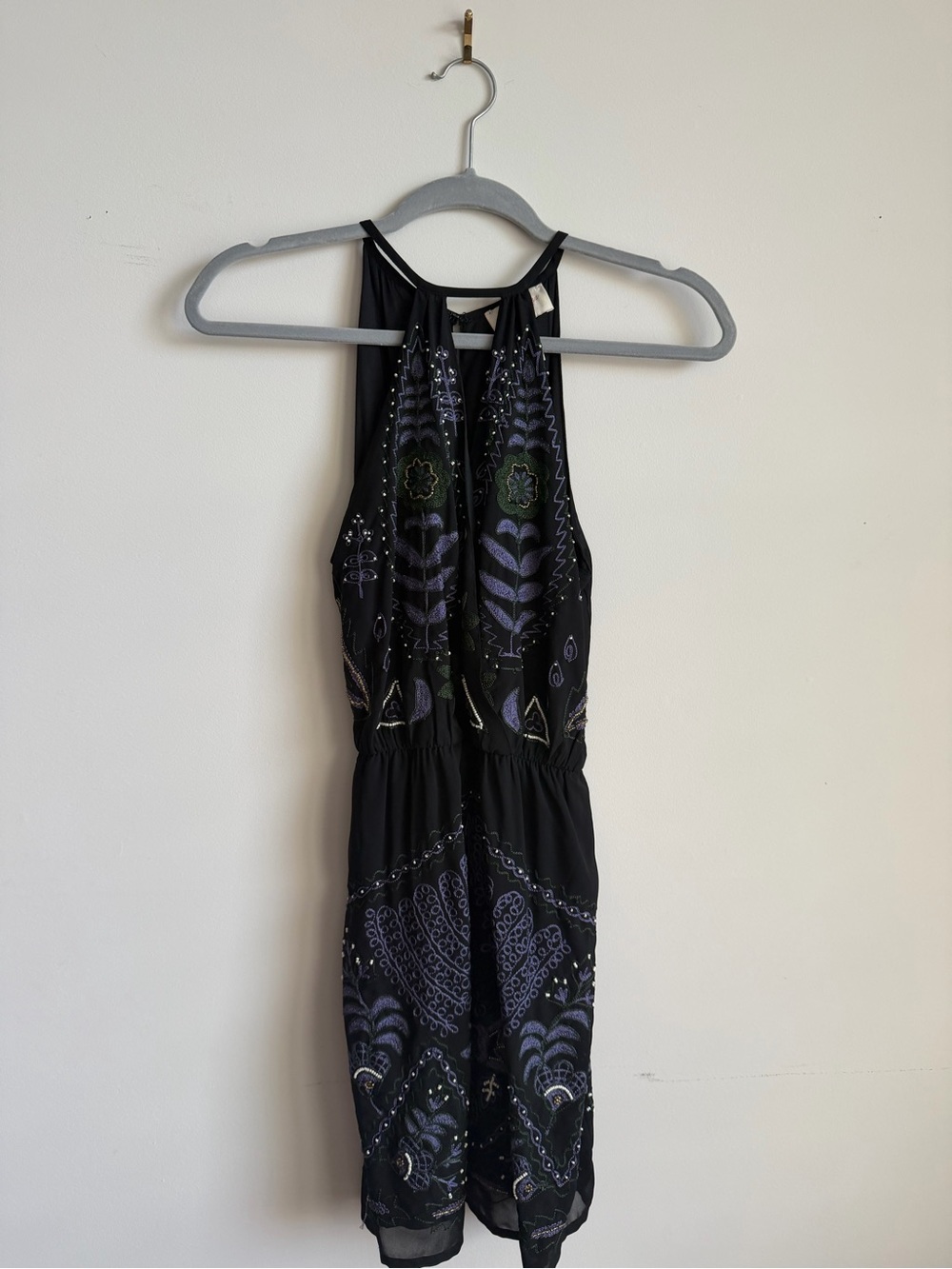 Black Halter Dress with Purple Floral Embroidery